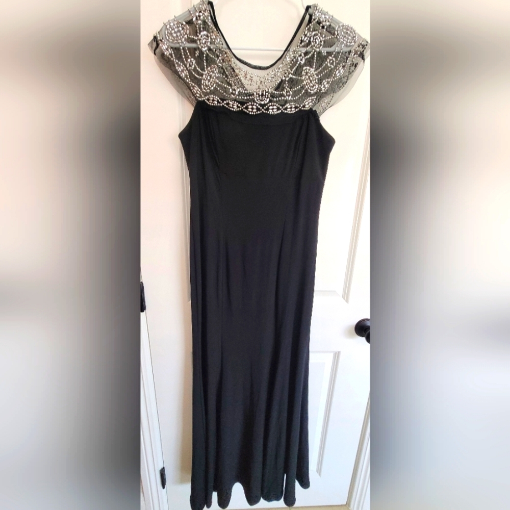 R&M Richards Black and Silver Maxi Gown with Scoop Neck